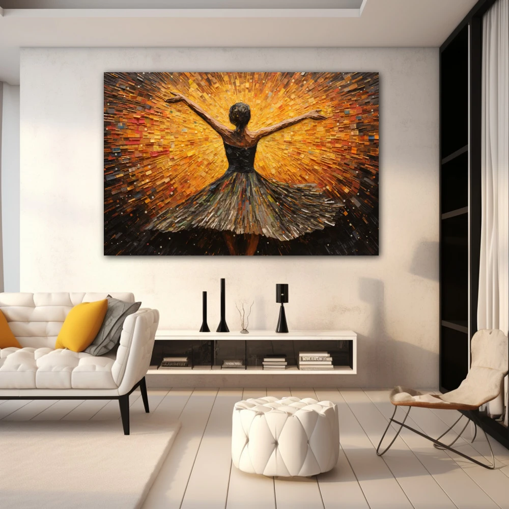 Cuadro baila con pasión y libertad en formato horizontal con colores amarillo, marrón; decorando pared blanca