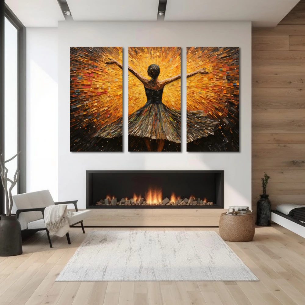 Wall Art titled: Dance with Passion and Freedom in a Horizontal format with: Yellow, and Brown Colors; Decoration the Fireplace wall