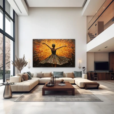 Wall Art titled: Dance with Passion and Freedom in a Horizontal format with: Yellow, and Brown Colors; Decoration the Above Couch wall