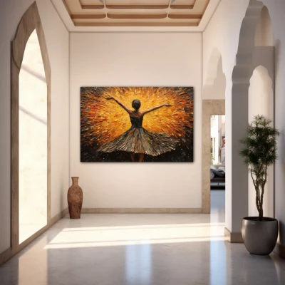 Wall Art titled: Dance with Passion and Freedom in a Horizontal format with: Yellow, and Brown Colors; Decoration the Entryway wall