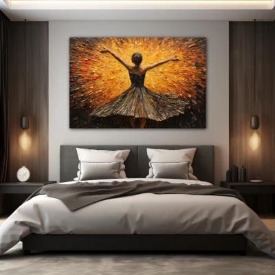 Wall Art titled: Dance with Passion and Freedom in a Horizontal format with: Yellow, and Brown Colors; Decoration the Bedroom wall