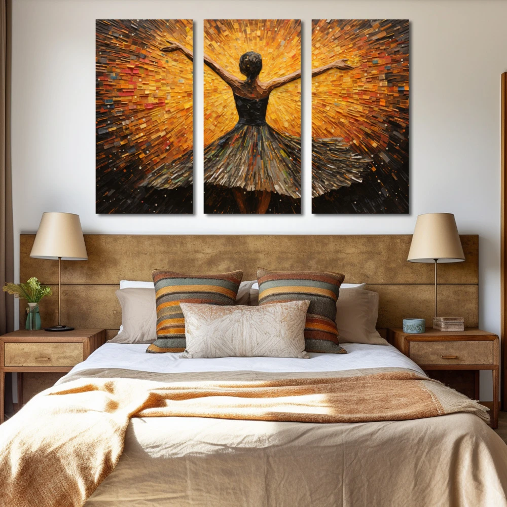 Cuadro baila con pasión y libertad en formato tríptico con colores amarillo, marrón; decorando pared de habitación dormitorio