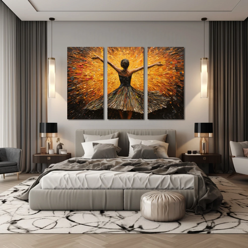 Wall Art titled: Dance with Passion and Freedom in a Horizontal format with: Yellow, and Brown Colors; Decoration the Bedroom wall