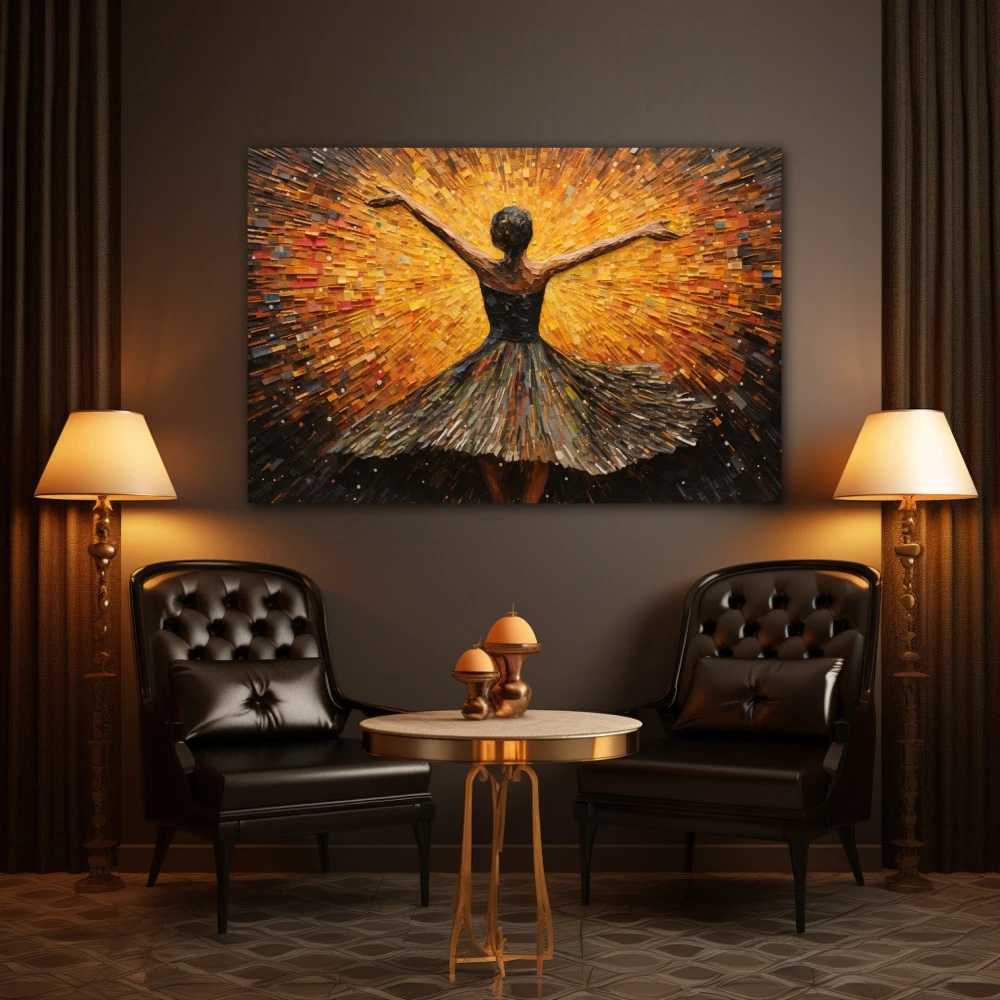 Cuadro baila con pasión y libertad en formato horizontal con colores amarillo, marrón; decorando pared de salón comedor