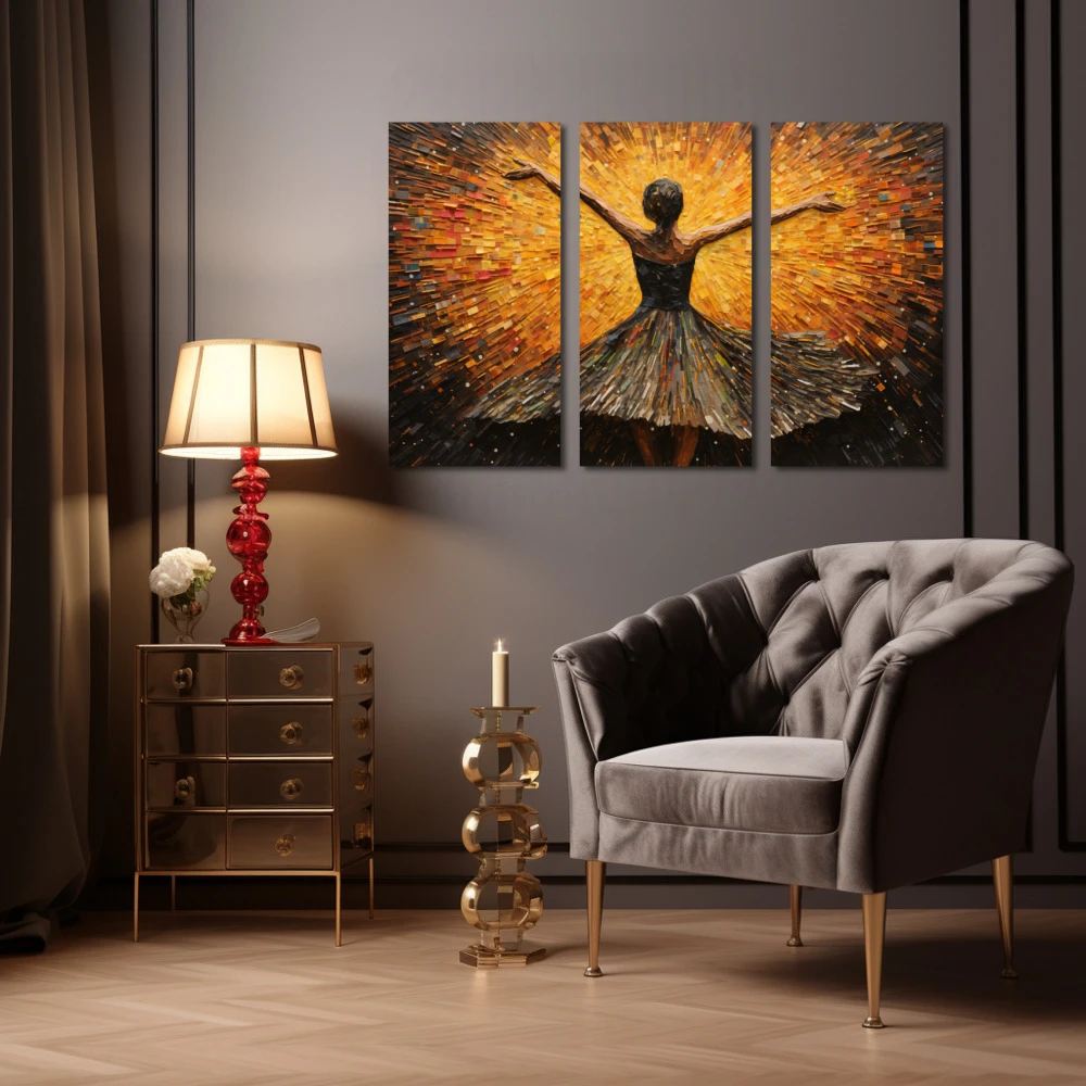 Cuadro baila con pasión y libertad en formato tríptico con colores amarillo, marrón; decorando pared de salón comedor