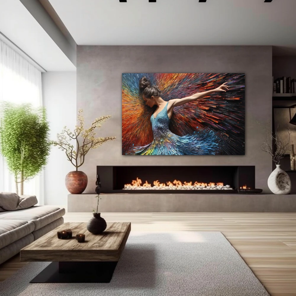 Wall Art titled: Spirit-Healing Vibrations in a Horizontal format with: Blue, Orange, and Vivid Colors; Decoration the Fireplace wall