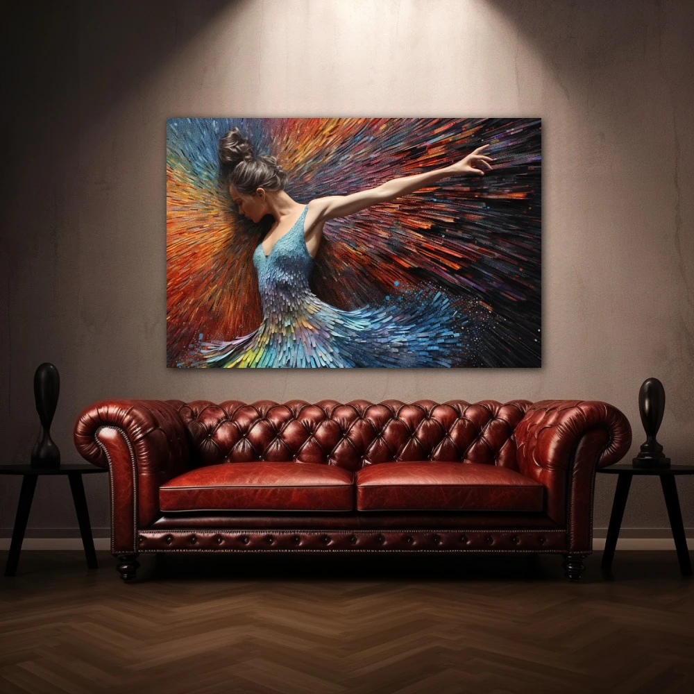 Wall Art titled: Spirit-Healing Vibrations in a Horizontal format with: Blue, Orange, and Vivid Colors; Decoration the Above Couch wall