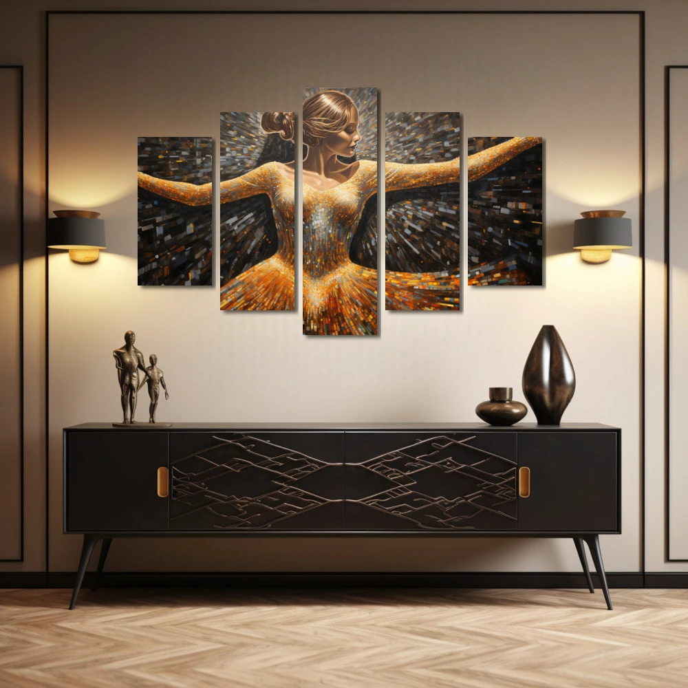 Cuadro vibraciones que elevan el espíritu en formato políptico con colores dorado, gris, marrón; decorando pared de aparador