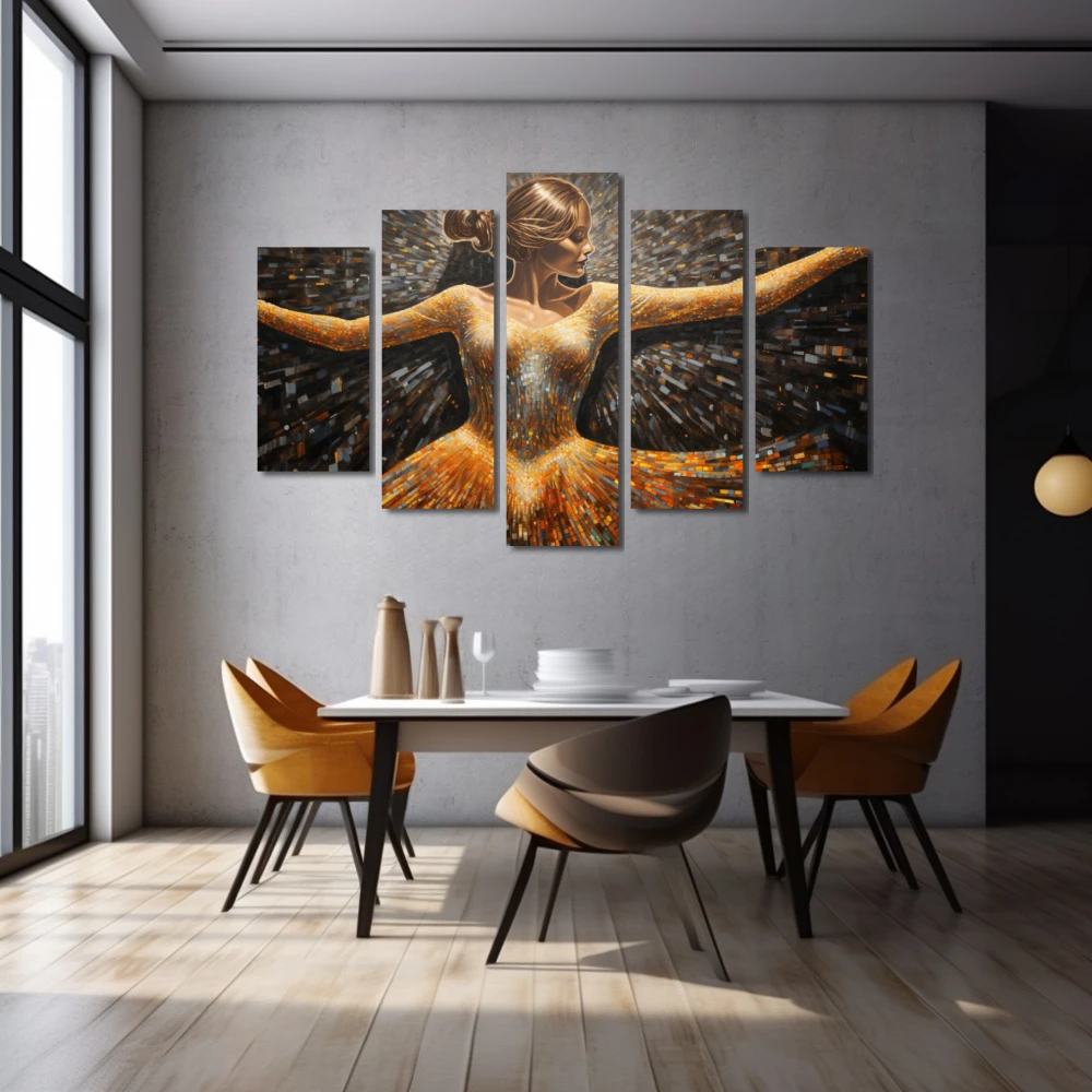 Cuadro vibraciones que elevan el espíritu en formato políptico con colores dorado, gris, marrón; decorando pared gris
