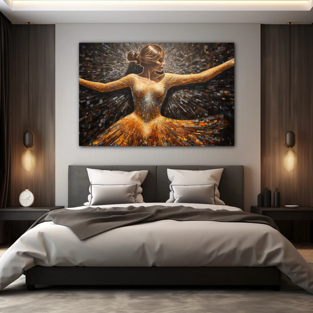 Cuadro vibraciones que elevan el espíritu en formato horizontal con colores dorado, gris, marrón; decorando pared de habitación dormitorio