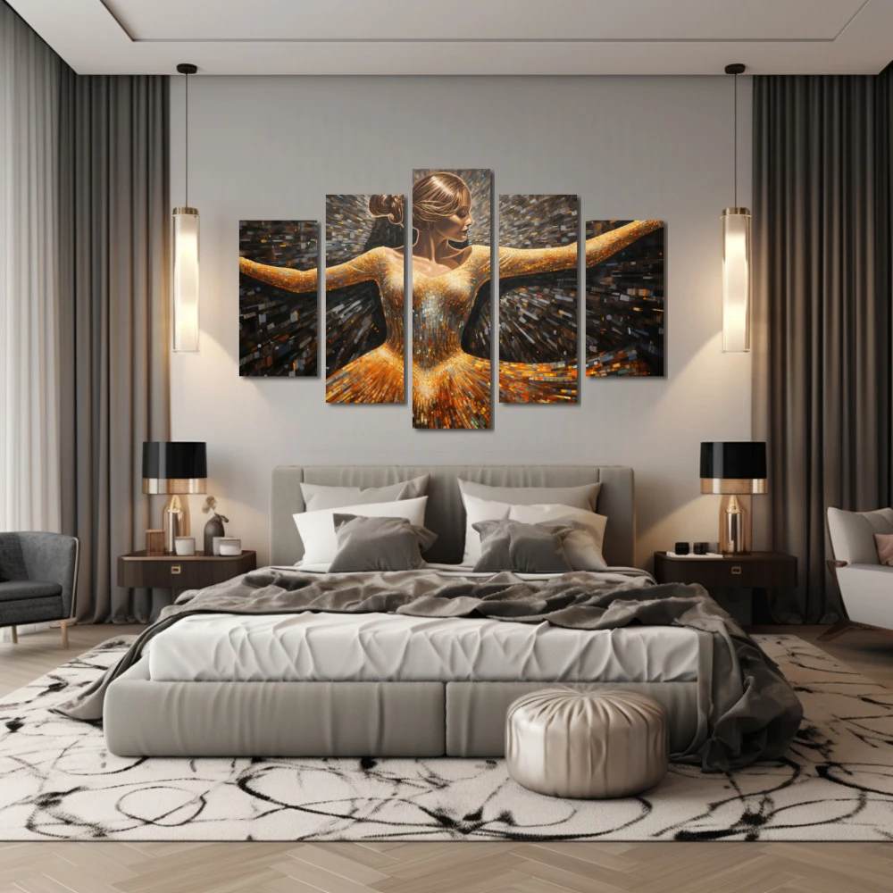 Cuadro vibraciones que elevan el espíritu en formato políptico con colores dorado, gris, marrón; decorando pared de habitación dormitorio