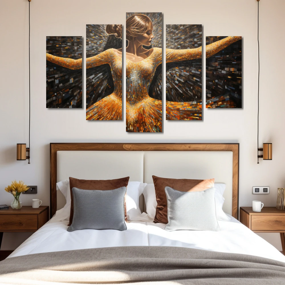 Cuadro vibraciones que elevan el espíritu en formato políptico con colores dorado, gris, marrón; decorando pared de habitación dormitorio