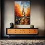 Wall Art titled: Paris Answers to Everything the Heart Desires in a Vertical format with: Sky blue, Brown, and Orange Colors; Decoration the Sideboard wall