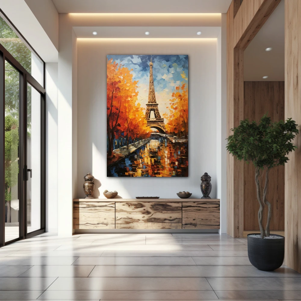 Wall Art titled: Paris Answers to Everything the Heart Desires in a Vertical format with: Sky blue, Brown, and Orange Colors; Decoration the Entryway wall