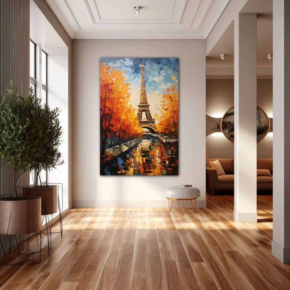 Wall Art titled: Paris Answers to Everything the Heart Desires in a Vertical format with: Sky blue, Brown, and Orange Colors; Decoration the Hallway wall