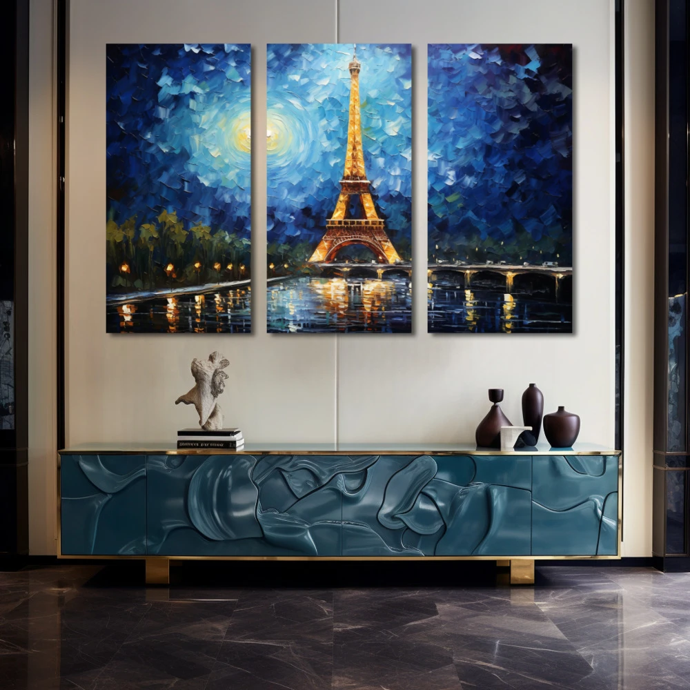 Wall Art titled: We'll Always Have Paris in a Horizontal format with: Blue, Sky blue, and Navy Blue Colors; Decoration the Sideboard wall