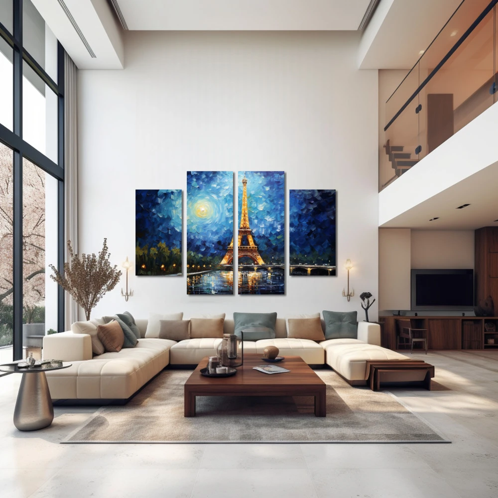Wall Art titled: We'll Always Have Paris in a Horizontal format with: Blue, Sky blue, and Navy Blue Colors; Decoration the Above Couch wall