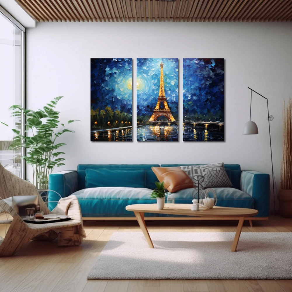 Wall Art titled: We'll Always Have Paris in a Horizontal format with: Blue, Sky blue, and Navy Blue Colors; Decoration the Above Couch wall