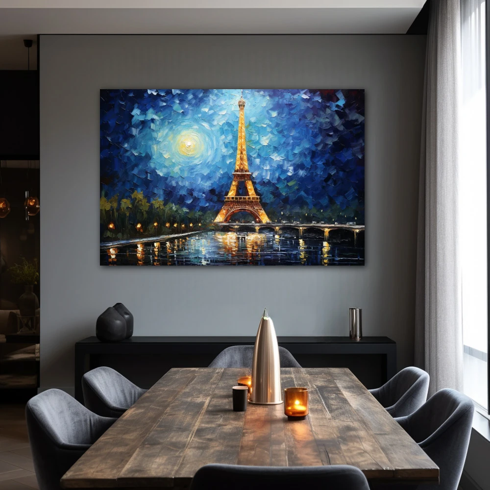 Wall Art titled: We'll Always Have Paris in a Horizontal format with: Blue, Sky blue, and Navy Blue Colors; Decoration the Living Room wall