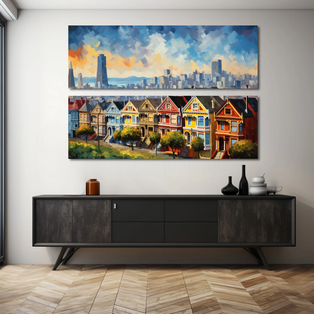 Wall Art titled: Dawn in San Francisco in a Horizontal format with: Yellow, Blue, and Red Colors; Decoration the Sideboard wall