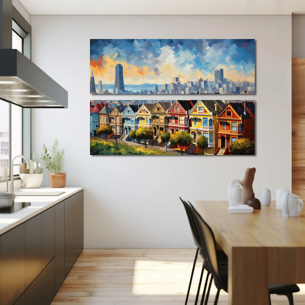 Wall Art titled: Dawn in San Francisco in a Horizontal format with: Yellow, Blue, and Red Colors; Decoration the Kitchen wall