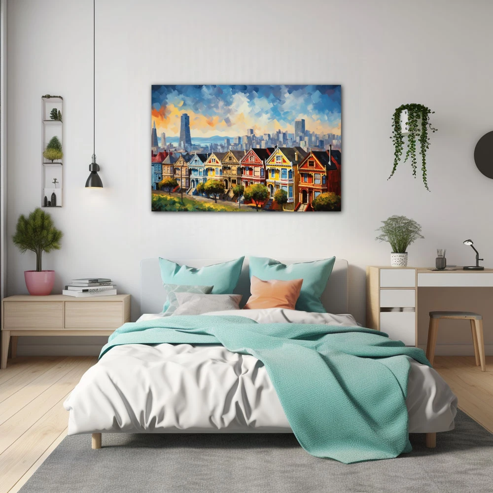 Wall Art titled: Dawn in San Francisco in a Horizontal format with: Yellow, Blue, and Red Colors; Decoration the Bedroom wall