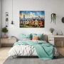 Wall Art titled: Dawn in San Francisco in a Horizontal format with: Yellow, Blue, and Red Colors; Decoration the Bedroom wall