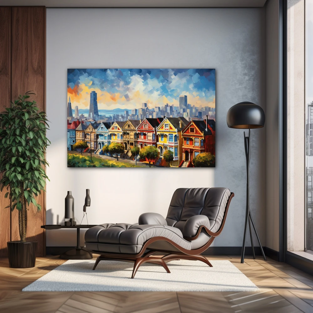 Wall Art titled: Dawn in San Francisco in a Horizontal format with: Yellow, Blue, and Red Colors; Decoration the Living Room wall