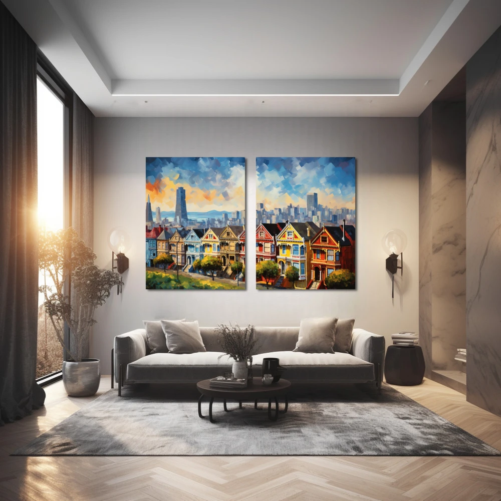 Wall Art titled: Dawn in San Francisco in a Horizontal format with: Yellow, Blue, and Red Colors; Decoration the Living Room wall