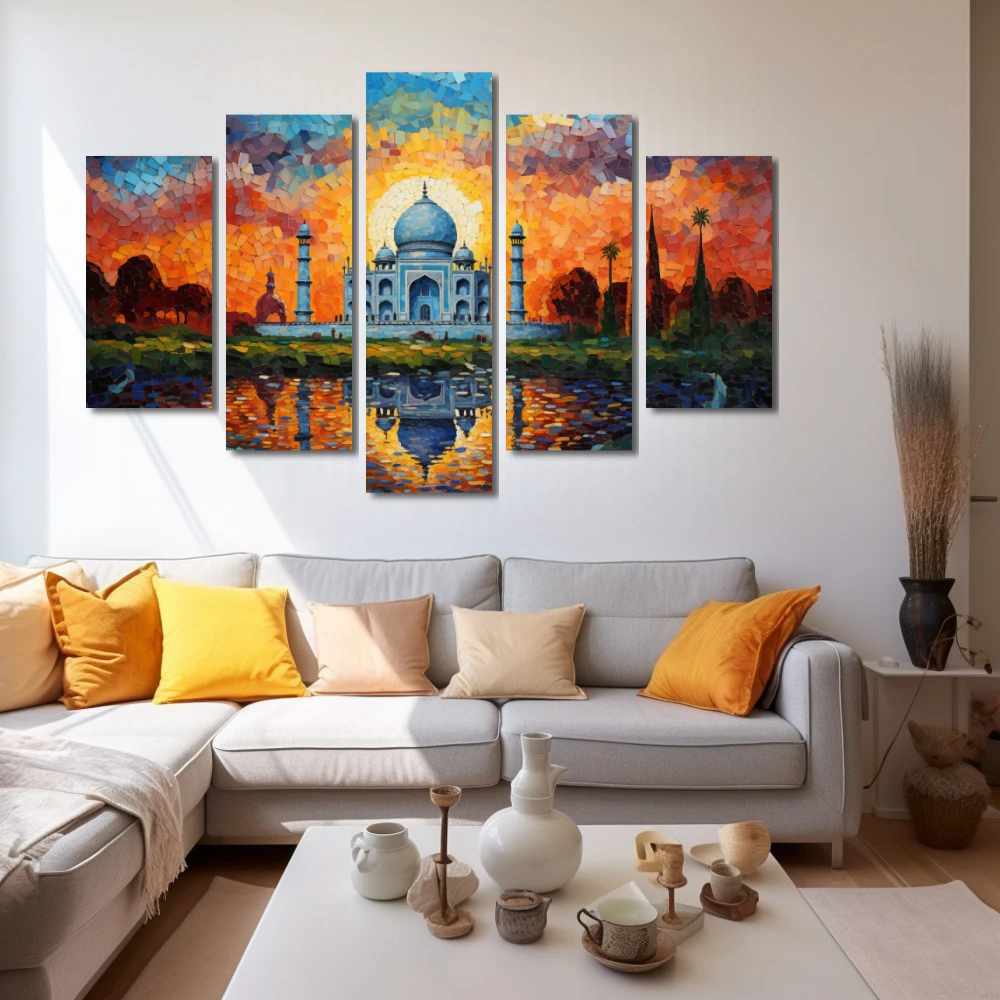 Wall Art titled: A Beautiful Love Story in a Horizontal format with: Blue, Sky blue, and Orange Colors; Decoration the White Wall wall