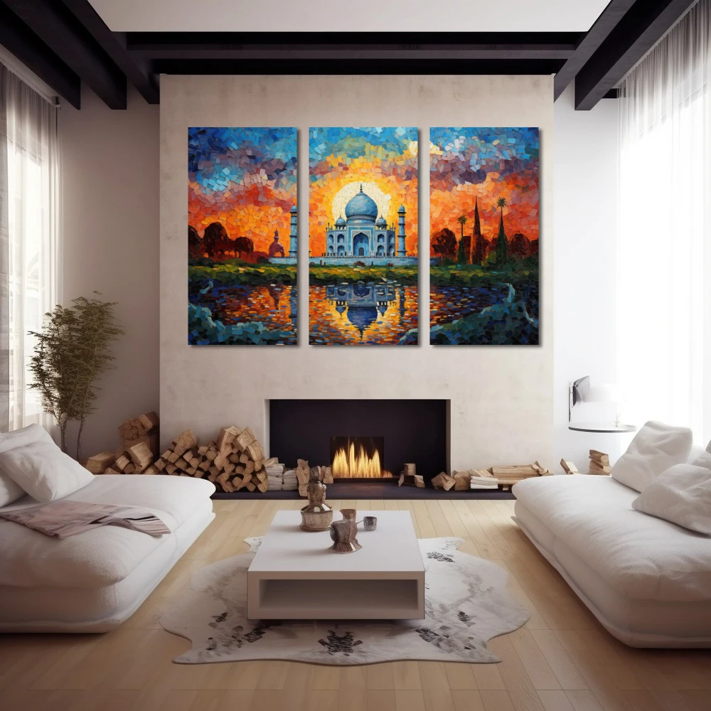 Wall Art titled: A Beautiful Love Story in a Horizontal format with: Blue, Sky blue, and Orange Colors; Decoration the Fireplace wall