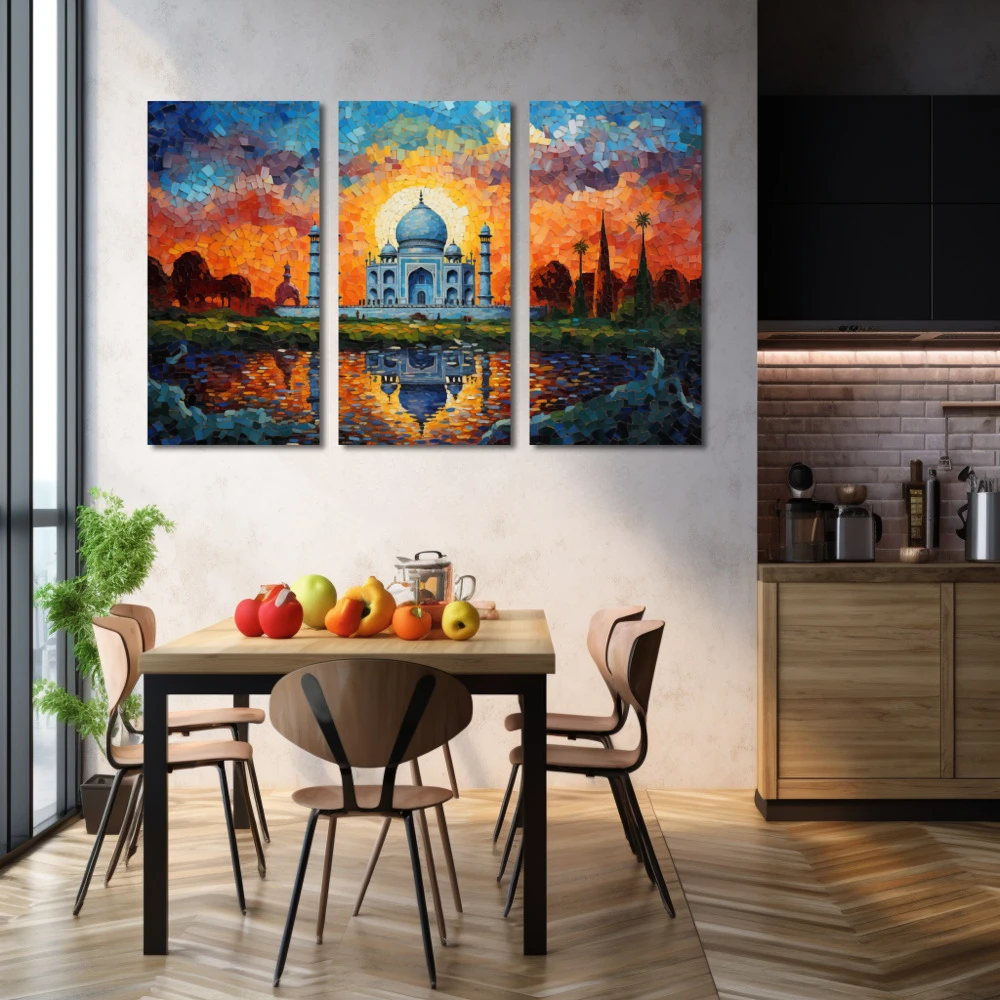 Wall Art titled: A Beautiful Love Story in a Horizontal format with: Blue, Sky blue, and Orange Colors; Decoration the Kitchen wall