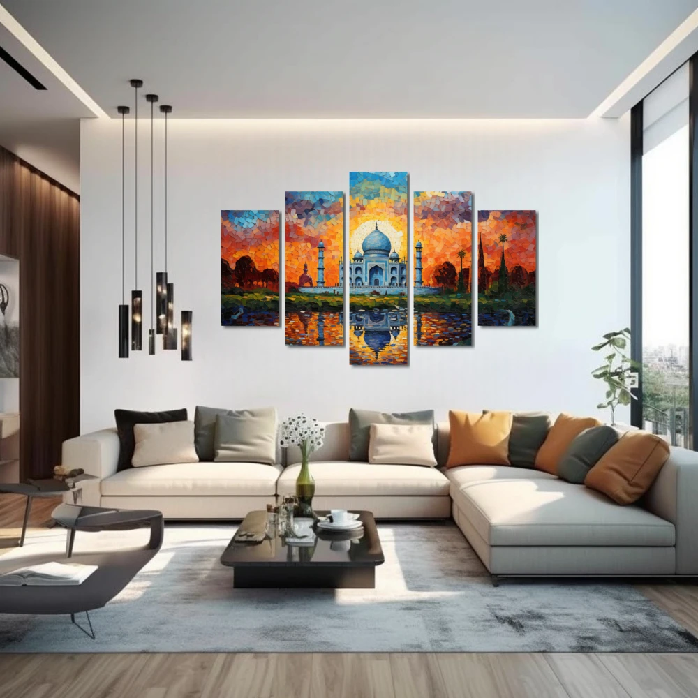 Wall Art titled: A Beautiful Love Story in a Horizontal format with: Blue, Sky blue, and Orange Colors; Decoration the Above Couch wall