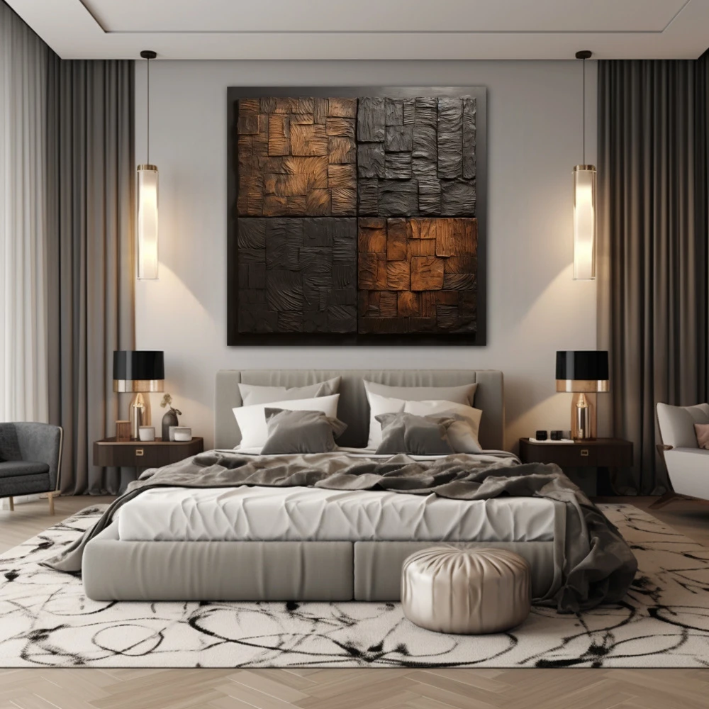 Cuadro texturas rústicas geometrica en formato cuadrado con colores marrón; decorando pared de habitación dormitorio