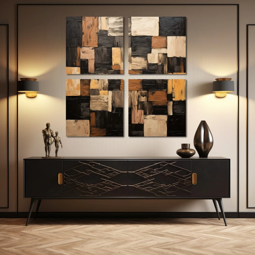 Cuadro pinceladas geométricas en formato políptico con colores marrón, negro, beige; decorando pared de aparador