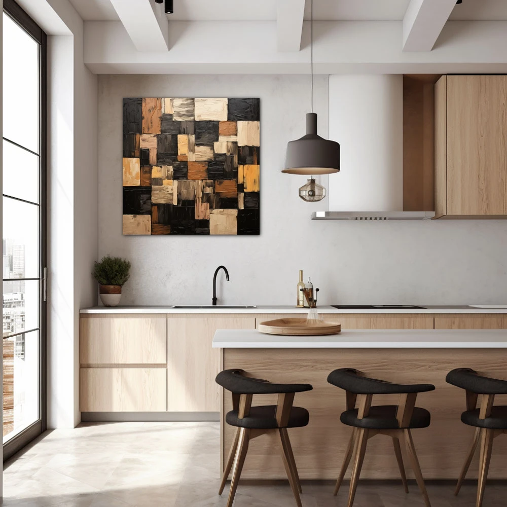 Cuadro pinceladas geométricas en formato cuadrado con colores marrón, negro, beige; decorando pared de cocina