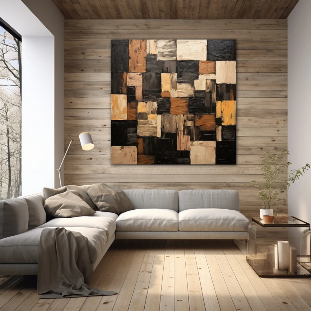 Cuadro pinceladas geométricas en formato cuadrado con colores marrón, negro, beige; decorando pared madera