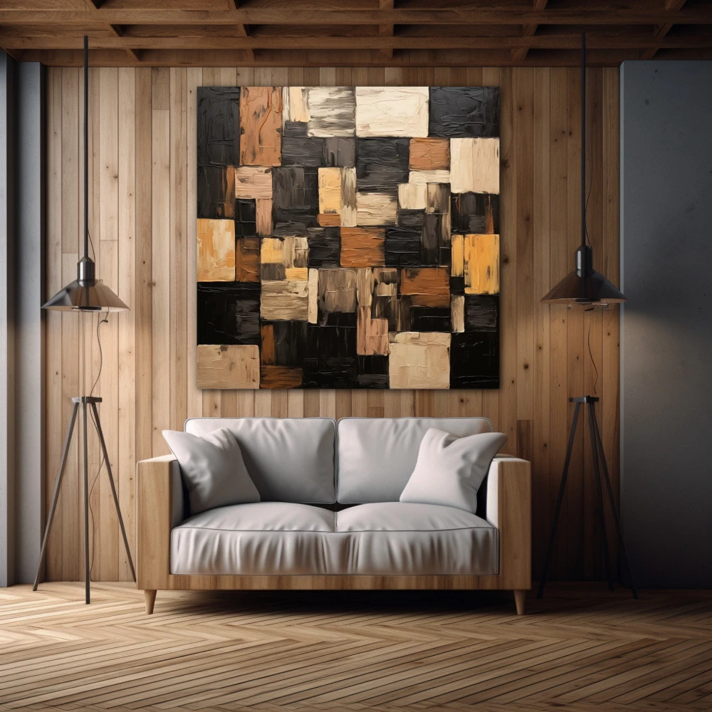 Cuadro pinceladas geométricas en formato cuadrado con colores marrón, negro, beige; decorando pared madera