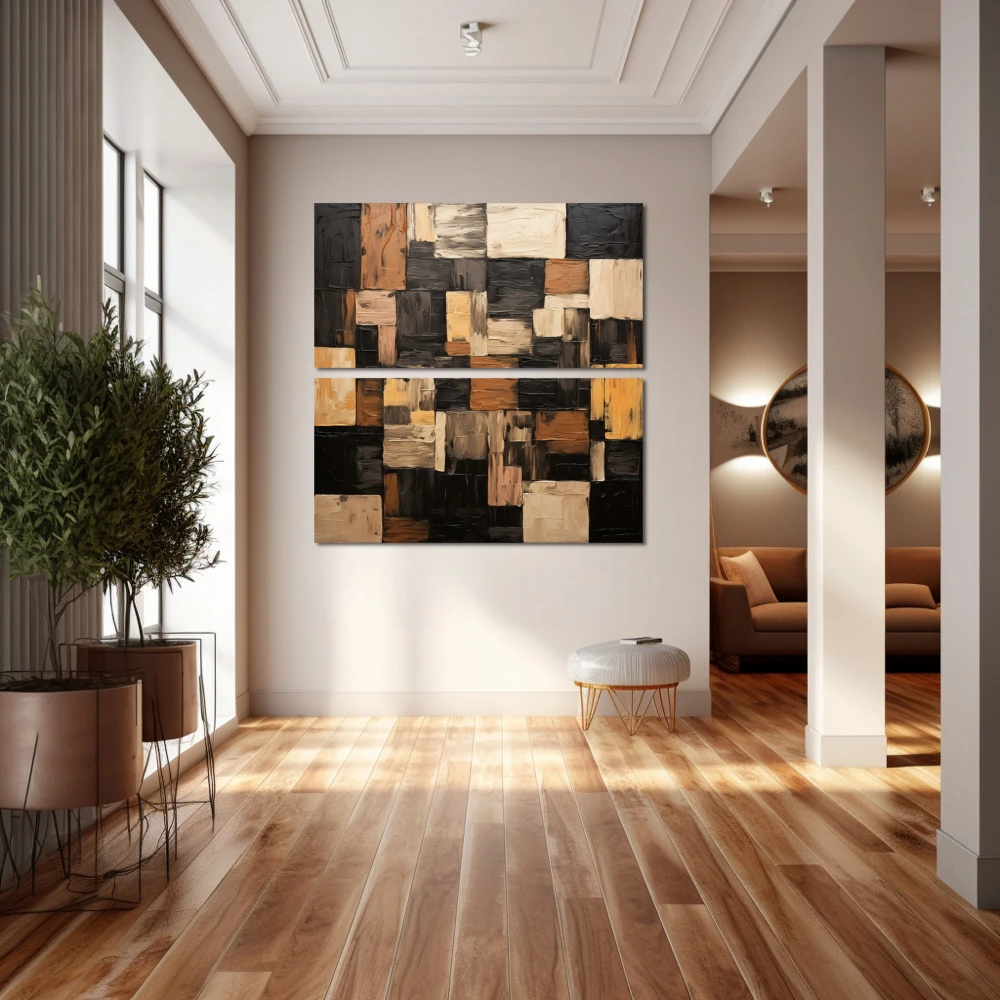 Cuadro pinceladas geométricas en formato díptico con colores marrón, negro, beige; decorando pared de pasillo