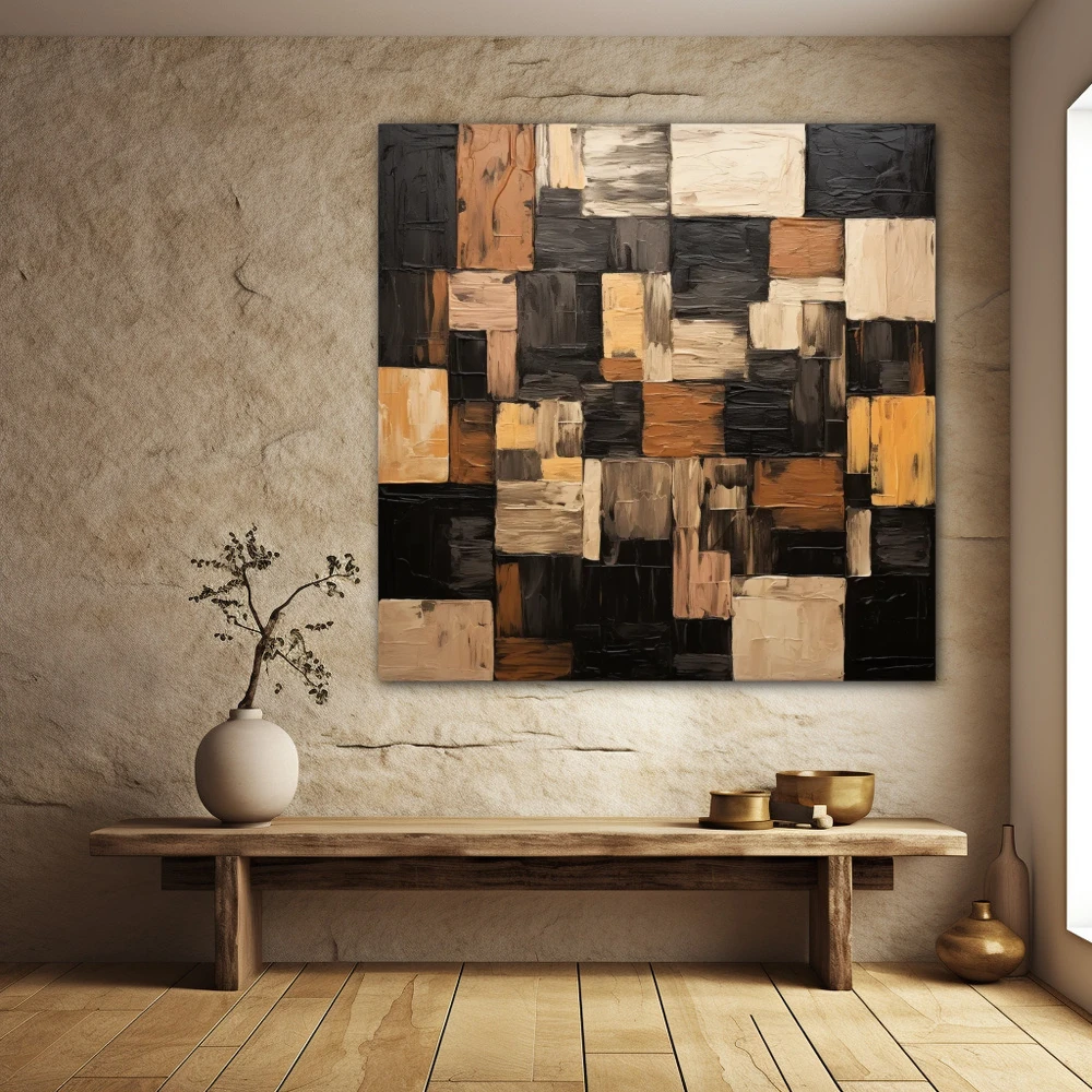 Cuadro pinceladas geométricas en formato cuadrado con colores marrón, negro, beige; decorando pared piedra
