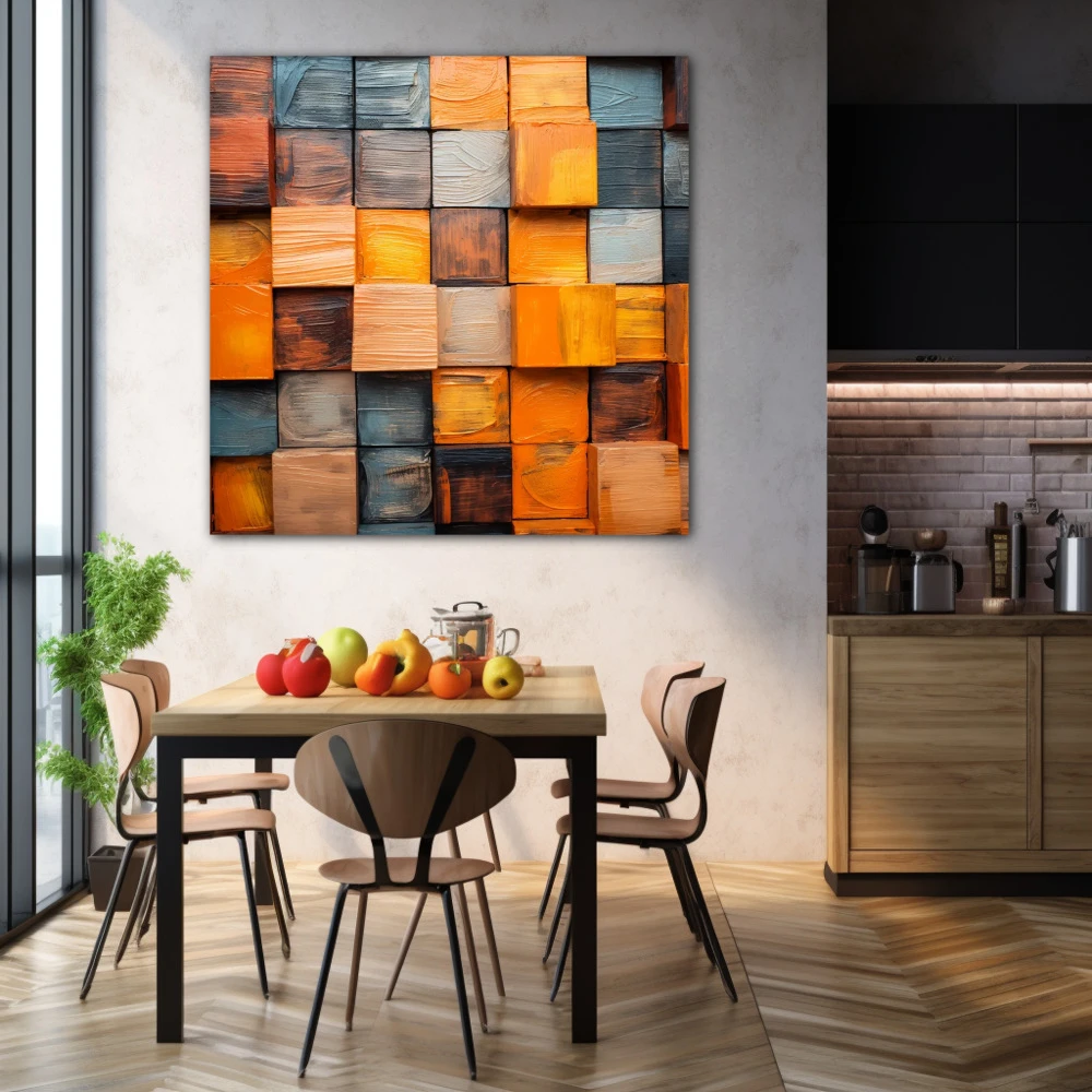 Cuadro geometría colorida en formato cuadrado con colores gris, marrón, naranja; decorando pared de cocina