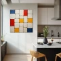 Wall Art titled: Square Patterns in a Square format with: Blue, and Mustard Colors; Decoration the Kitchen wall