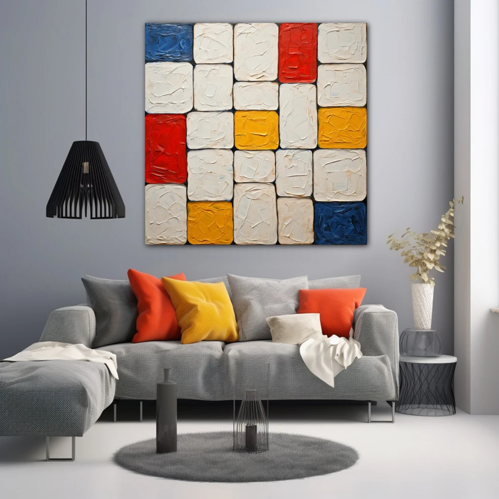 Cuadro patrones cuadrados en formato cuadrado con colores azul, mostaza; decorando pared gris