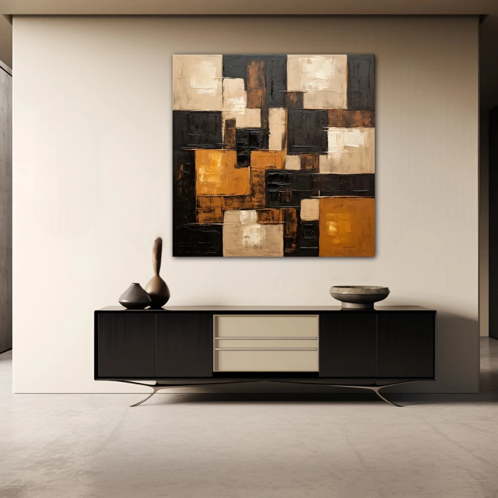 Cuadro patrones difusos en formato cuadrado con colores blanco, dorado, marrón; decorando pared de aparador