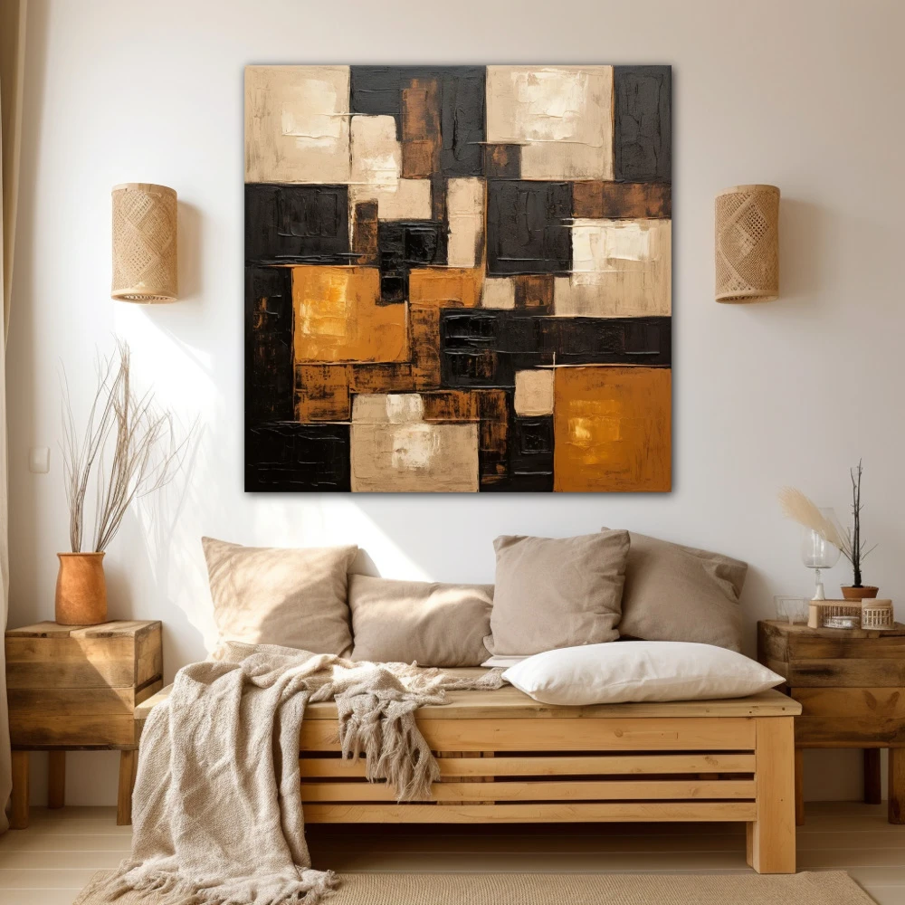 Wall Art titled: Diffuse Patterns in a Square format with: white, Golden, and Brown Colors; Decoration the Beige Wall wall