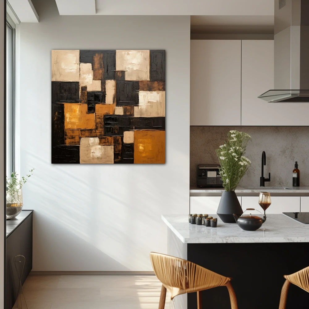 Cuadro patrones difusos en formato cuadrado con colores blanco, dorado, marrón; decorando pared de cocina