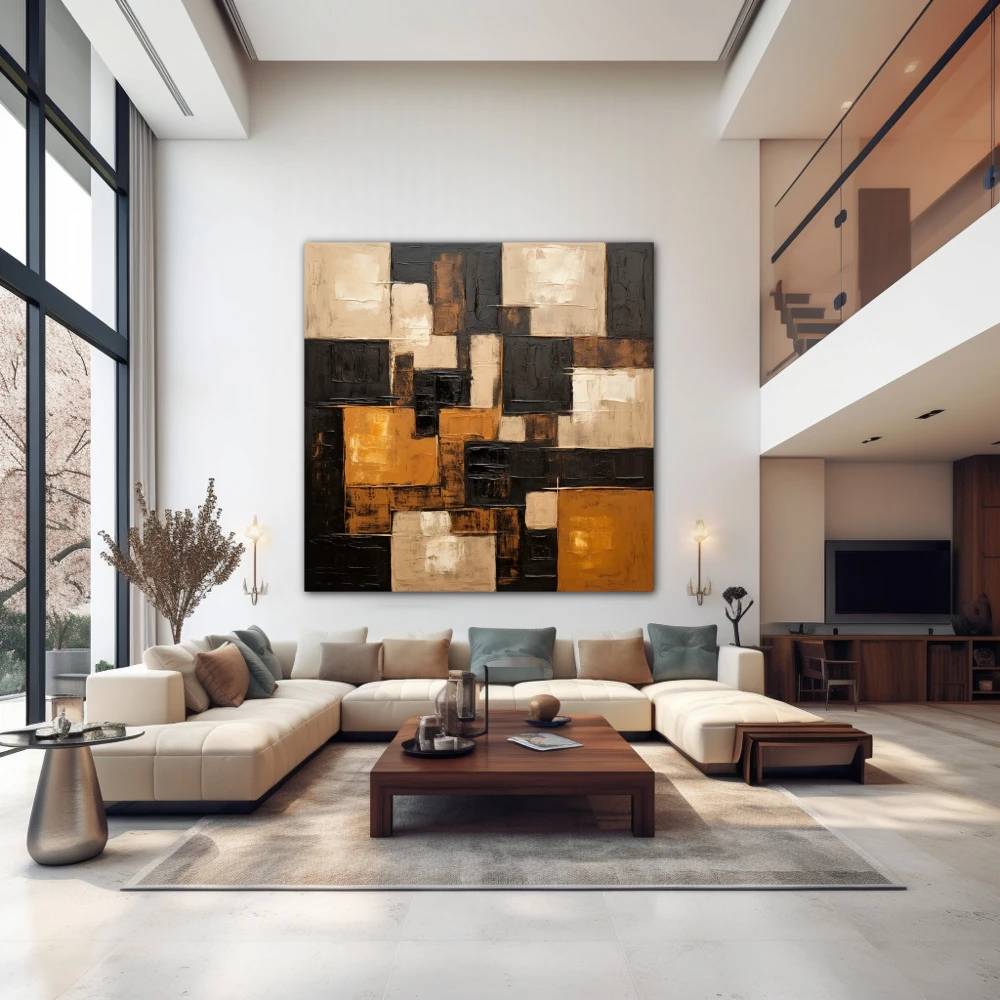 Wall Art titled: Diffuse Patterns in a Square format with: white, Golden, and Brown Colors; Decoration the Above Couch wall