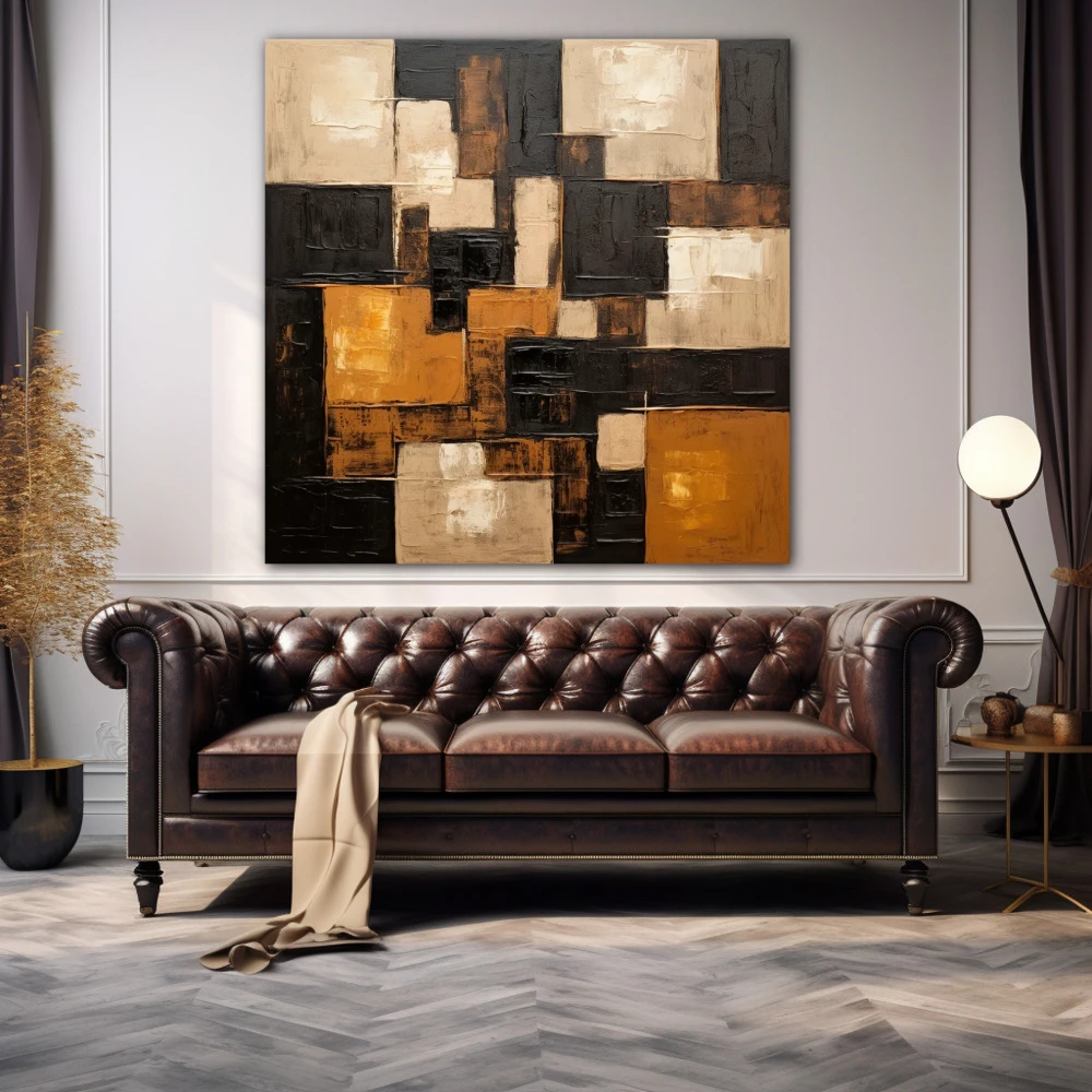 Wall Art titled: Diffuse Patterns in a Square format with: white, Golden, and Brown Colors; Decoration the Above Couch wall