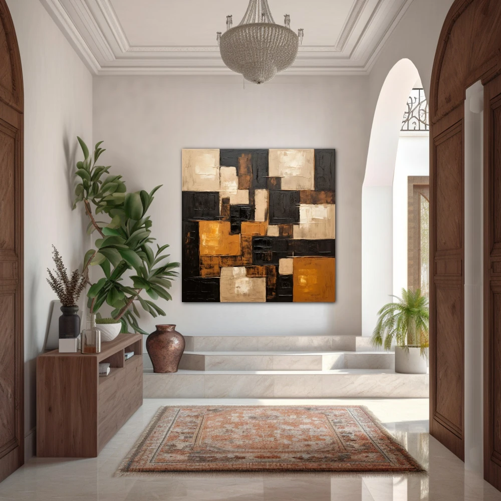 Wall Art titled: Diffuse Patterns in a Square format with: white, Golden, and Brown Colors; Decoration the Entryway wall