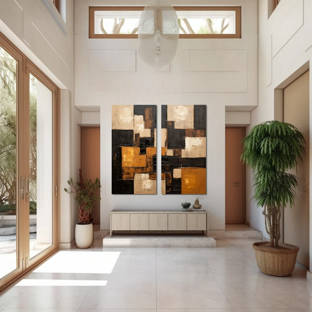 Cuadro patrones difusos en formato díptico con colores blanco, dorado, marrón; decorando pared de entrada y recibidor